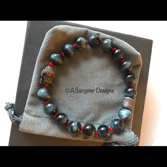 Men’s Blue Tiger’s Eye Buddha Bracelet - Picture 2 of 2
